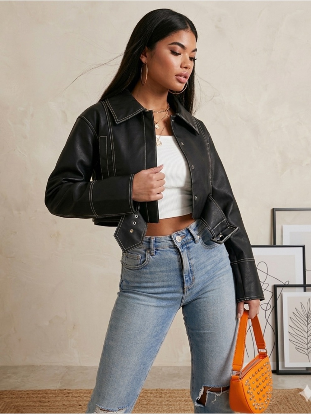 ASOS Design Faux Leather Belted Crop Moto Jacket Black Size 8 NWT